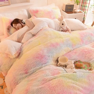 Set di Biancheria da Letto in Finta Pelliccia Arcobaleno, 4 Pezzi in Velluto Morbido e Peluche, <span class=keywords><strong>Lenzuola</strong></span> in Poliestere per Letti da Ragazza, Matrimoni, Casa e Hotel - Product Image 4