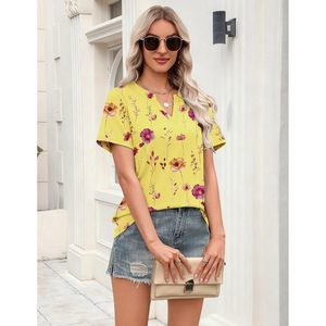 Camiseta de Manga Corta con Cuello en V y Estampado Floral para Mujer, Blusa Informal para Uso Diario, Top Transpirable de Poliéster - Product Image 3
