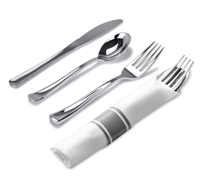 Ensemble de couverts dorés pré-roulés avec serviette aspect lin pour mariage, traiteur, fête, événement – Vaisselle jetable élégante en gros avec logo personnalisé - Product Image 6