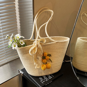 Women's Summer Bohemian Woven Bucket Tote Bag With Floral Decoration Handmade Shoulder Crossbody Bag For Everyday Use - Product Image 1
