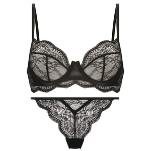 Set di Lingerie in Pizzo <span class=keywords><strong>Nero</strong></span> per Donna, <span class=keywords><strong>Reggiseno</strong></span> con Ferretto e Perizoma in Rete Trasparente, Stile Francese Sexy, Set Intimo da Donna in 2 Pezzi - Product Image 5