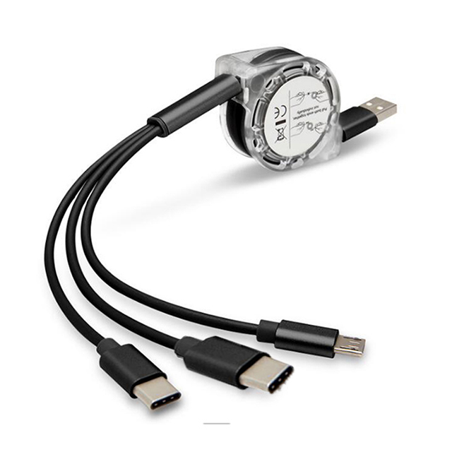 Hot Selling 3 In1 Fast Charging Cable Usb Retractable Type c Multi Phone Cable with Reel Crystal Box