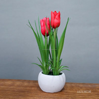 Plantas Artificiales en Maceta de 18 cm, Bonsái Pequeño, Hierba de Cebolla Sintética, Tulipán Rojo, para Decoración de Tiendas, Hoteles, Bibliotecas, Oficinas y Hogares