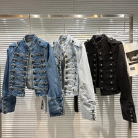 Veste vintage à col montant, boutons métalliques, coupe courte, en jean, unisexe, pour adultes