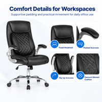 Chaise de bureau de direction rembourrée de luxe avec revêtement noir, accoudoirs rabattables argentés et roulettes en PU pour mobilier de bureau