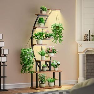 Multi Layer Floor Standing <b>Plant</b> Rack Black Frame With Brown Wood Planks For Living Room Balcony Indoor Outdoor Use - Product Image 4