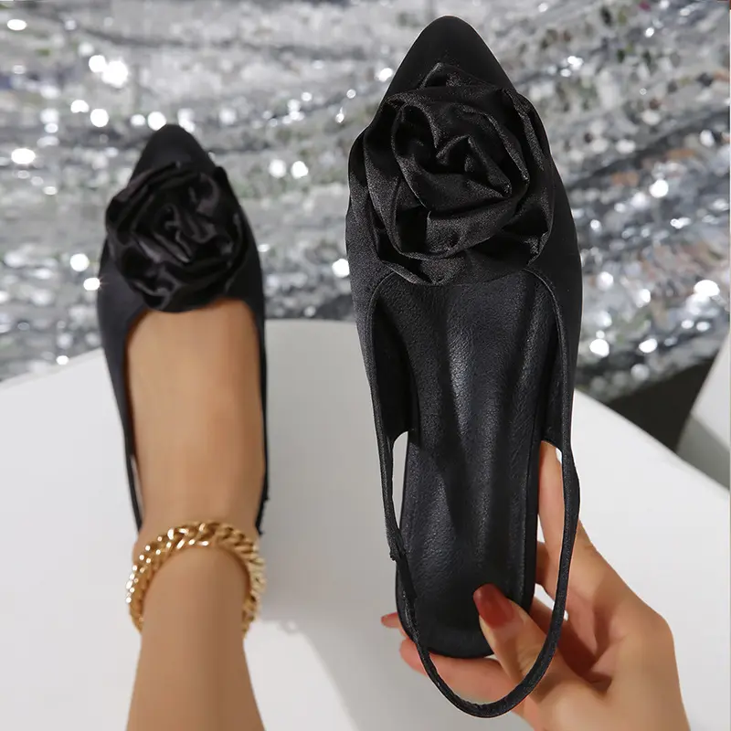 New women's shoes in autumn: Black Flower Decorative open heel flats flat womens low casual shoes with high quality