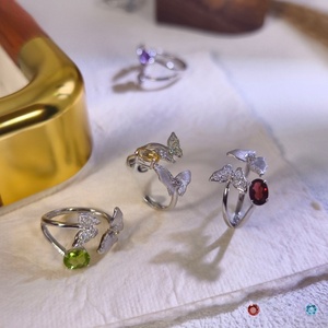 9 Vintage 925 Silver Brushed Matte Butterfly Open <b>Adjustable</b> <b>Ring</b> 5*7mm Oval Natural Crystal Stones Jewelry for Women - Product Image 2