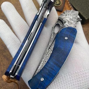 Cuchillo Táctico Personalizable Blue Dragon, Hoja de Acero de Damasco de Alta Calidad, No Intercambiable, Madera Sólida Estable DIY - Product Image 5