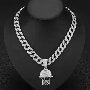 Iced Out Rapper Jewelry 15mm Width Cuban Chain Alloy And Bling Rhinestone Hip Hop Basketball Hoop Pendant Necklace