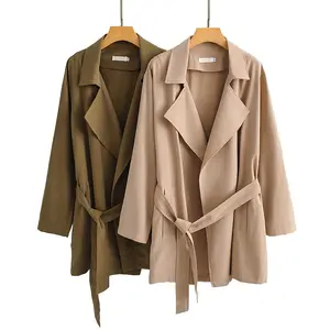 Lace-up two-color trench coat lapel women autumn lapel buckle waist sag can sleeve long coat