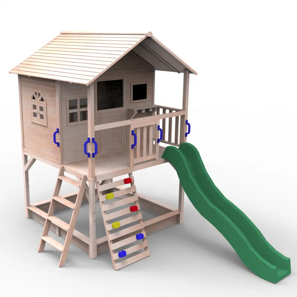 Casa de juegos de madera maciza para niños, casa de juegos de madera natural con tratamiento a presión