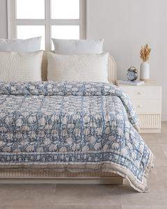 Indian Hand Block Print Dusty <b>Blue</b> Cotton Quilt Floral Bedspread Queen Comforter Soft All Season <b>Blanket</b> - Product Image 4
