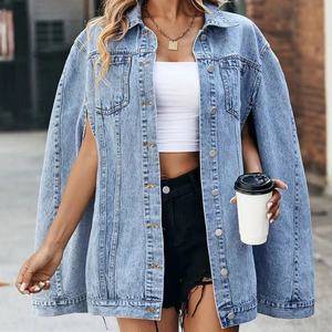 Chaqueta vaquera de diseño nuevo OEM de gran venta, abrigo vaquero tipo capa de un solo botón para mujer, chaqueta vaquera vintage holgada con bolsillos - Product Image 1