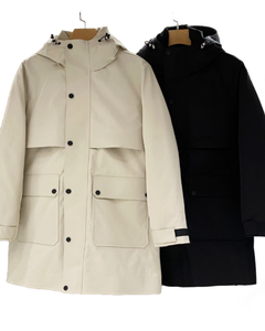 Veste à capuche mi-longue tendance pour hommes et femmes, beige/noir, color-block avec plusieurs poches, vêtement d'extérieur décontracté pour tous les jours - Product Image 1