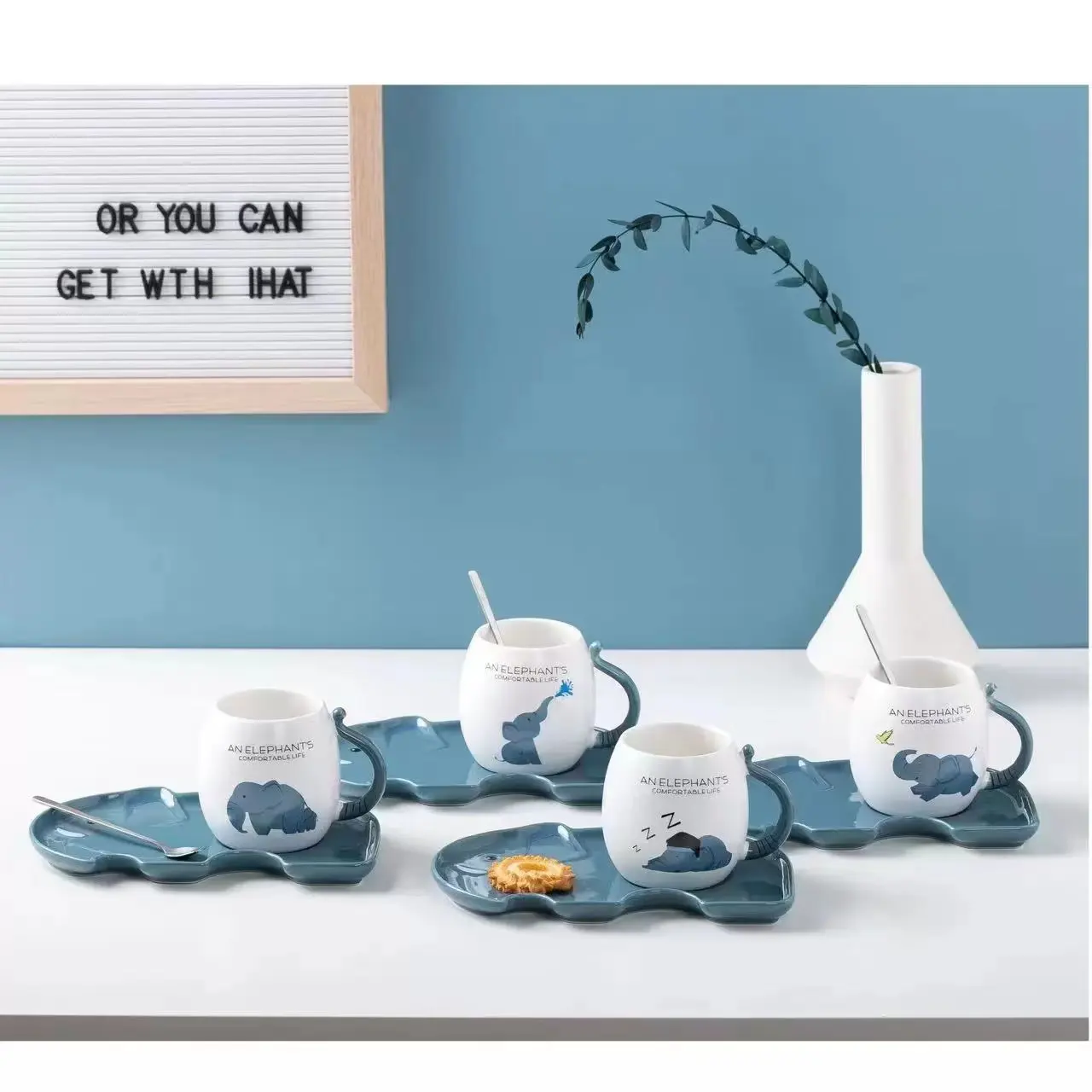 Creativo semplice carino bicchieri in ceramica cartone animato elefante acqua succo di latte tazza e piattino set per gli amici regali di famiglia