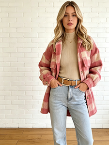 SWEET BABE Veste en polaire à carreaux pour femme, manches longues, col rabattu, tenue décontractée d'automne - Product Image 5