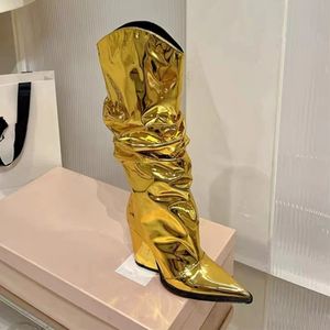 Bottes classiques pour femmes, mode été-automne, hauteur genou, métalliques brillantes, froncées, à bout pointu, talon bloc épais, en PU, à enfiler, respirantes - Product Image 2