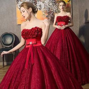 Strapless Evening Gown <strong>Claret</strong> 3D Floral Print Puffy Skirt Natural Waistline For Company Annual Meeting - Product Image 1