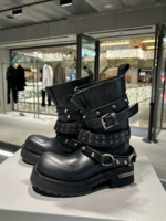 Bottes punk vintage à gros orteils pour femmes, bottes à talon épais, à tube large, à boucle rétro unisexe, fabriquées sur mesure par le fabricant