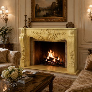 Traditional Marble <b>Fireplace</b> Mantel With Ornate Carving Golden Jade Stone Indoor Wood Burning Hearth For Dining Room - Product Image 6