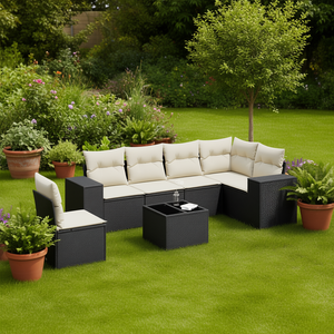 Ensemble de canapés de jardin noir et crème avec rotin PE résistant aux UV, mobilier d'extérieur au design contemporain, coussins imperméables - Product Image 2