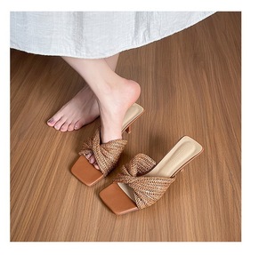 Women 2025 New <b>Slide</b> Sandals Cross Strap Heels Open Toe on Summer Woven Slippers - Product Image 6