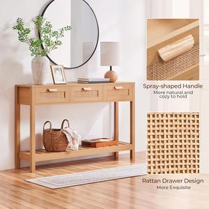 <span class=keywords><strong>Table</strong></span> <span class=keywords><strong>console</strong></span> en bois naturel personnalisée de style Boho moderne avec 3 tiroirs en rotin et étagère à 2 niveaux pour villa, salon et hôtel - Product Image 1