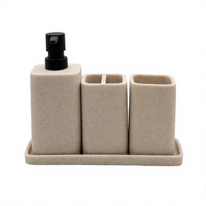 Luxury Modern Beige <b>Square</b> Four-Piece Resin Polyresin Bathroom Accessories <b>Set</b> with Soap Dispenser for Home Decor - Product Image 2