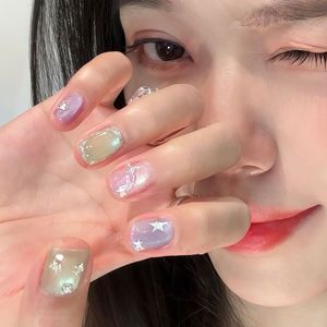 10 faux ongles à presser faits main, effet œil de chat aurore <span class=keywords><strong>pastel</strong></span>, avec strass étoiles, dégradé pailleté rose vert violet, amovibles - Product Image 2