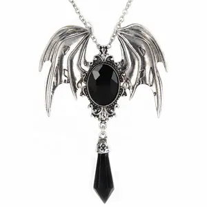 Vintage Gothic Bat Necklace Halloween Gift Pendulum Gemstone Necklace