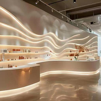 Ensemble de comptoirs et vitrines de luxe en bois massif et métal, haute qualité, solution tout-en-un pour l'aménagement intérieur de salons de beauté et boutiques.