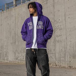 Sudadera con capucha para hombre, de algodón grueso, estilo Y2K grunge, con perlas incrustadas, lavada, color morado, con cremallera completa, de la marca Clothing Manufactur Custom. - Product Image 2