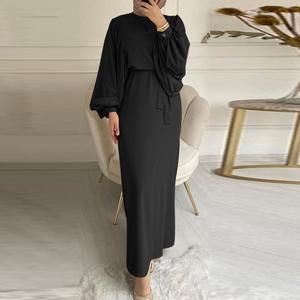 Venta al por mayor vestidos de túnica musulmana Abaya musulmana <span class=keywords><strong>Color</strong></span> sólido O-<span class=keywords><strong>beck</strong></span> suelta nueva moda mujeres Maxi Vestido de manga larga - Product Image 4