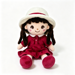 Muñeca de peluche personalizada con vestido rojo y sombrero blanco, muñeca de peluche con cabello trenzado, muñeca de peluche con rostro bordado, peluche suave y esponjoso. - Product Image 1