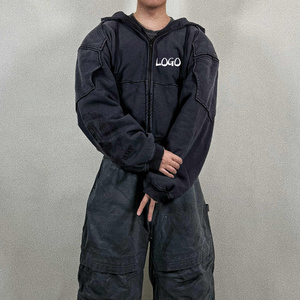 Veste à capuche zippée courte noire délavée avec patchwork et logo personnalisé, style streetwear, vente en gros - Product Image 6