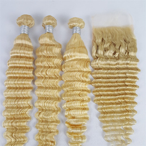 613 Deep Wave Honey Blonde Virgin Hair Weave <strong>Bundle</strong> 28-30 Inch 1-3-4 <strong>Bundle</strong> <strong>Deals</strong> Stretched Length 14 Human Hair Extensions - Product Image 5