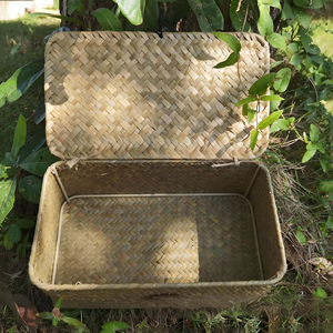 Panier de rangement avec couvercle en jonc de mer naturel, paniers de rangement rectangulaires pour étagère, armoire, organisateur de maison - Product Image 1