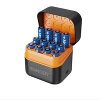 GONODY Chargeur de piles intelligent 12 emplacements AA AAA Li-ion avec écran LCD, sortie 5V/3A, protection contre les surcharges, support de charge 15W