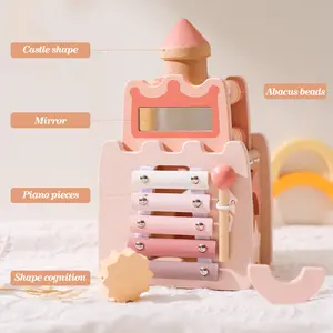 Blocs de château rose en bois Montessori 5 en 1 Jouets Cube d'activité occupé pour enfants filles