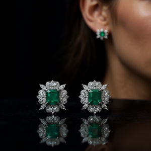 Orecchini a lobo con gemma verde E2815, design floreale in oro bianco, gioielli di lusso da sposa per donna - Product Image 2