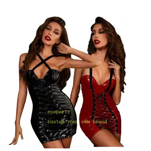 Ecoaparty phụ nữ mới sexy clubwear ren up PVC giả da Bandage Mini Dress ướt nhìn trang phục