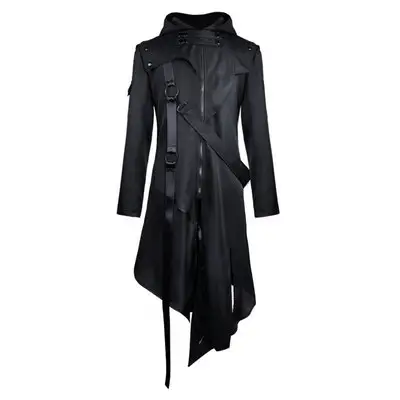 Disfraz Medieval gótico victoriano para hombre, gabardina larga Steampunk, chaqueta negra con capucha de diseño Irregular, <span class=keywords><strong>abrigo</strong></span> para Halloween, Cos