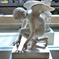 YOUFINE - Escultura Clásica de Mármol de Tamaño Natural de Cupido Presentando una Rosa a una Mariposa