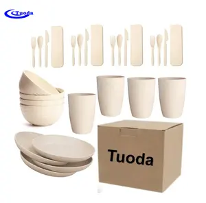 Beige 28 pieces Eco Friendly Reusable Cups Plates Bowls and Plastic Tableware Wheat Straw Dinnerware