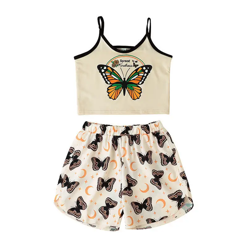 Kid fashion clothes shorts and butterfly printing halter top two piece set kids girls clothing sets for girl summer