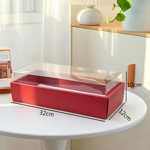 Boîte à gâteau rectangulaire rouge et rose, longue, pour gâteau roulé, cupcakes, biscuits, pâtisseries, emballage à emporter pour boulangerie avec couvercle transparent et poignée - Product Image 2