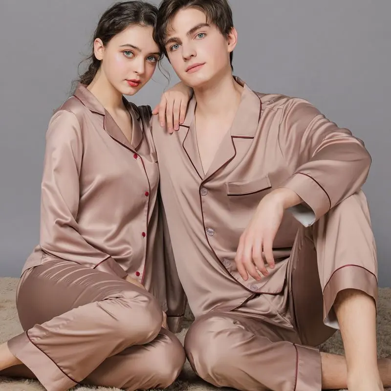 Новая шелковая пижама для пар на весну и осень, Женская Осенняя шелковая мужская пижама, женская одежда для сна, домашняя одежда