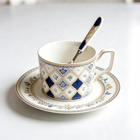 Ensemble tasse à café et soucoupe en céramique 220 ml avec cuillère, motif bleu et or, pour la maison ou le café