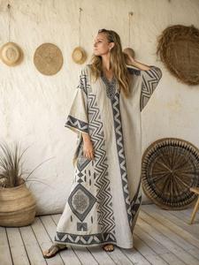 Boho V-Neck Maxi <b>Dress</b> With Geometric Batwing Sleeve <b>Loose</b> Fit Linen Cotton Summer Casual <b>Dress</b> - Product Image 1
